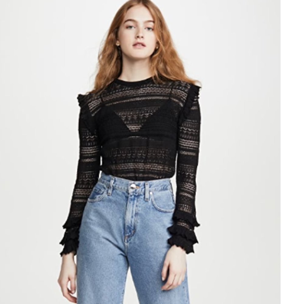 Misa Kelly Knit Top Black Ruffle Lace Longsleeve